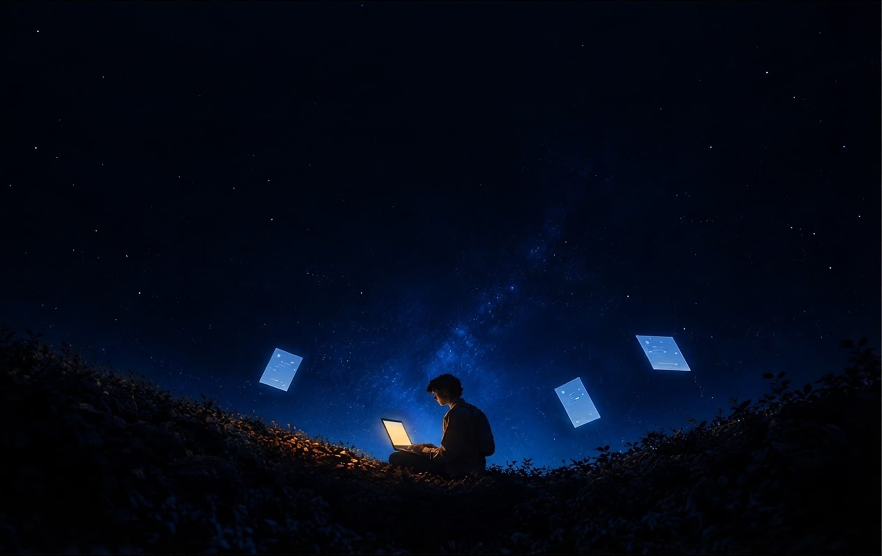 A student working on a glowing laptop on a hillside under a starry night sky