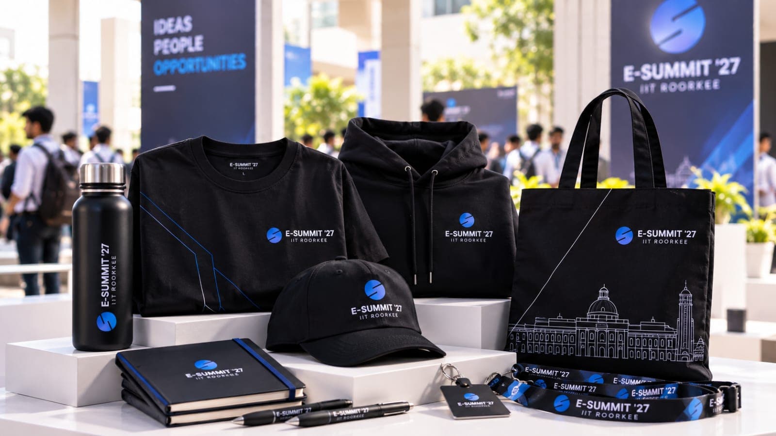 E-Summit ’27 merchandise: a t-shirt, hoodie, cap, tote bag, bottle, notebook, pen and lanyard